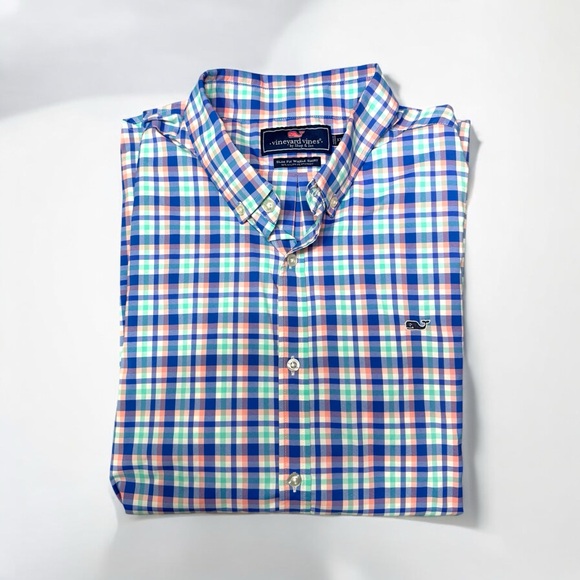 Vineyard Vines Slim Fit Whale Button Down Shirt  Blue Green White Pink Plaid XXL - Picture 1 of 7